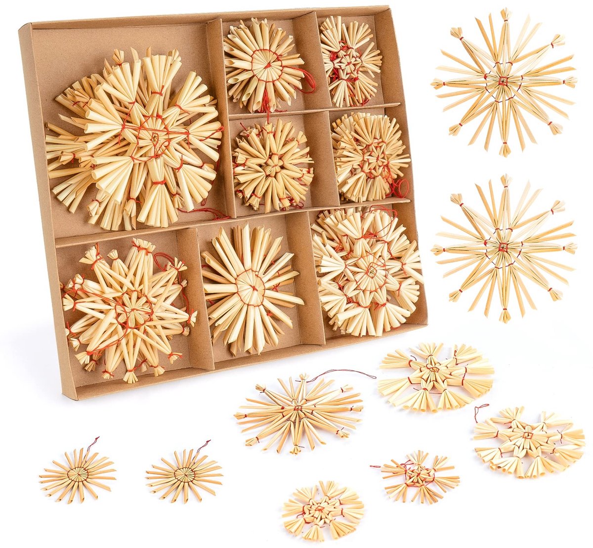Dailygoods- Kerstboomversieringen 32-delig - Stro Ornamenten - Stervormig - Natuurlijke Rietjes - Ø 6/8/10 cm - Unieke Kerstdecoratie