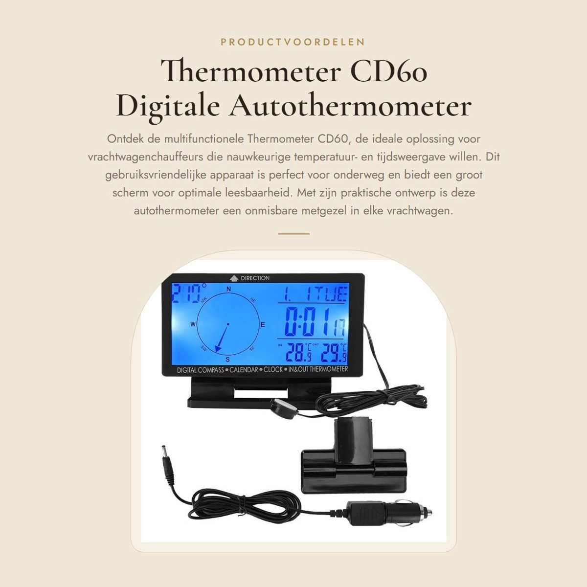 Dailygoods - Thermometer CD60 - Digitale Autothermometer - Multifunctioneel met Tijdfunctie - Compact en Lichtgewicht - Voor Vrachtwagens - Handig voo...