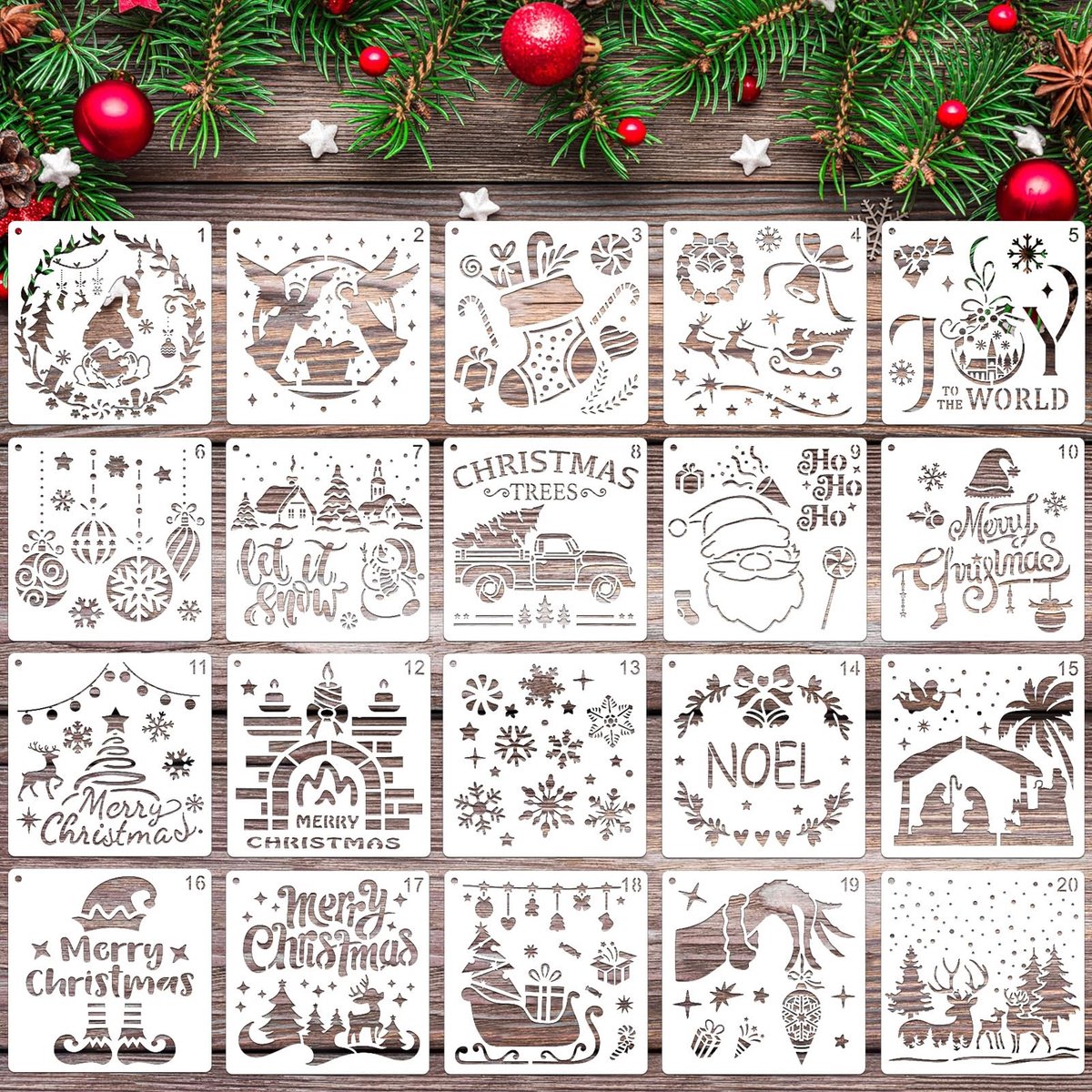 Dailygoods- Kerstsjablonen 20-delig - Herbruikbare Sjablonen - 15 x 15 cm - Kunststof - Voor Hout/Muur/Canvas - Creatieve Projecten