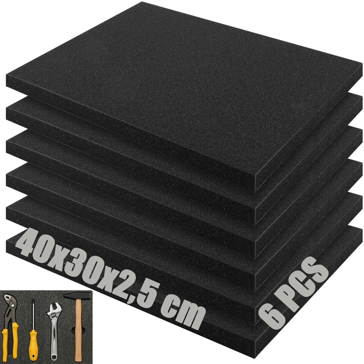 Dailygoods- Gereedschapsinleg 6 Stuks - Schuimrubber Vulling - Op Maat Snijden - 400 x 300 x 25 mm - Zwart - Geschikt voor Beschermkoffer - Schuimvulling