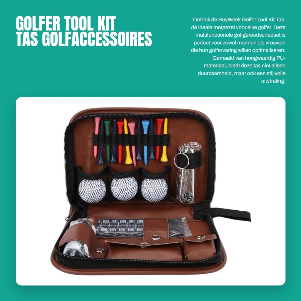 Dailygoods- Golfgereedschapset - Multifunctionele Tas - Golfaccessoires - PU Materiaal - Lichtgewicht - Inclusief 3 Golfballen - Afmetingen 23x16x5cm - Golfset