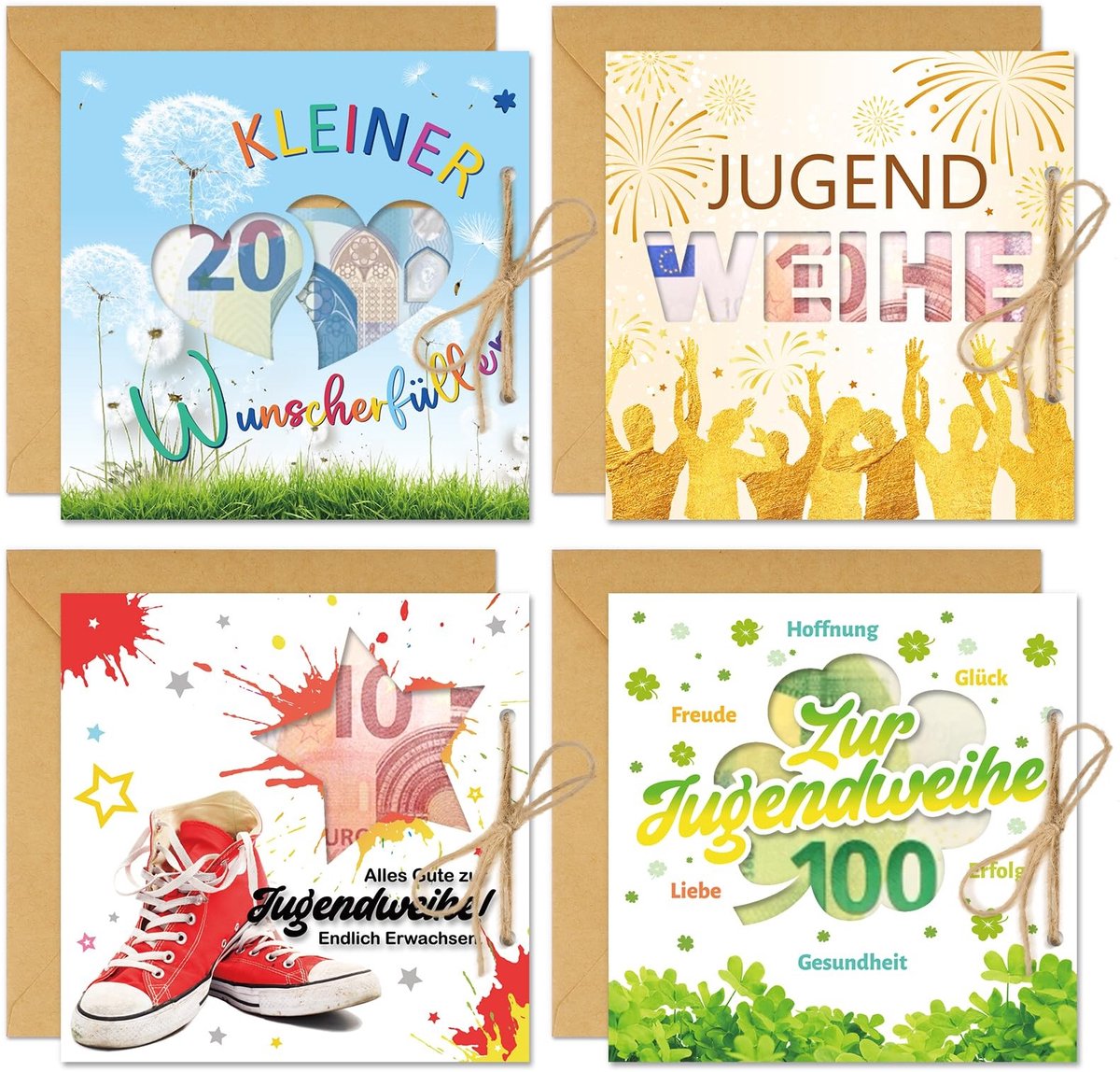 Dailygoods- Jeugdwijdingkaart - Geldgeschenkverpakking - Wenskaarten - 4 Stuks - Klavertje Vier - Paardenbloem - Creatieve Presentatie - Geldcadeau