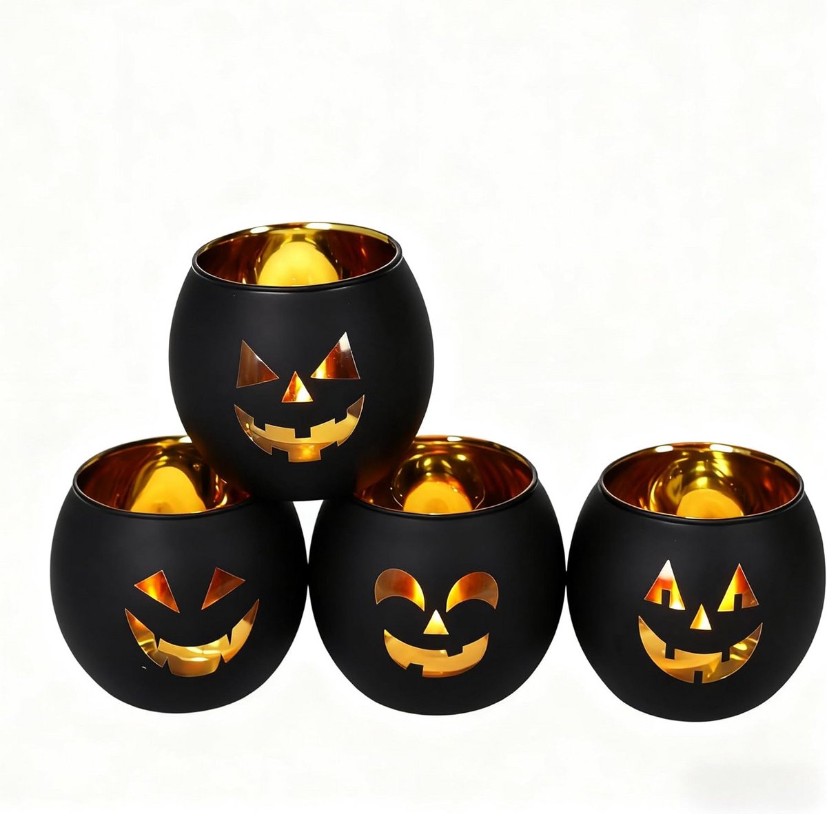 Halloween Kandelaars - Theelichthouders Set - Feestelijke Decoratie - Unieke Jack O Lantern Designs - 4 Stuks - Zwart