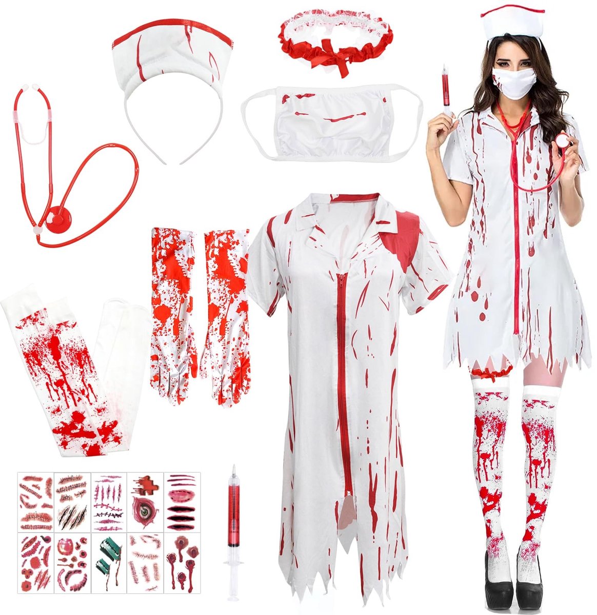 Dailygoods- Verpleegsterkostuum Bloedig Design - Halloween Kostuum Dames - Zombie Kostuum - Carnaval Accessoires - Cosplay Outfit - Griezelige Sfeer