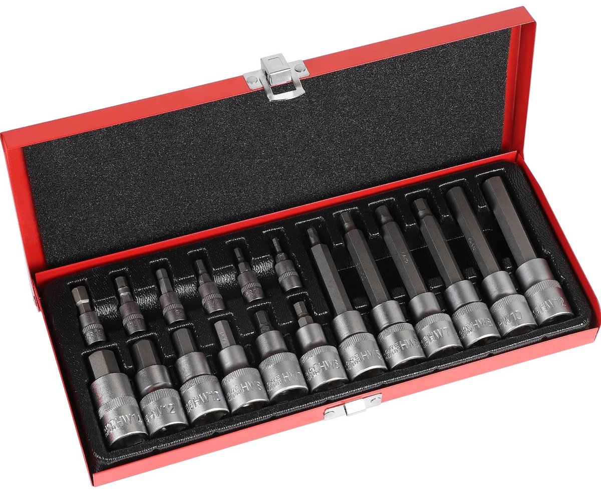 Dailygoods- Dopsleutelset 18-delig - 1/2 inch en 1/4 inch - Zeskantuitgang - Metalen doosset - Geschikt voor hoge koppelwerkzaamheden - Inclusief 6 x 55mm en 6 x 100mm sleutels - Sleutelset