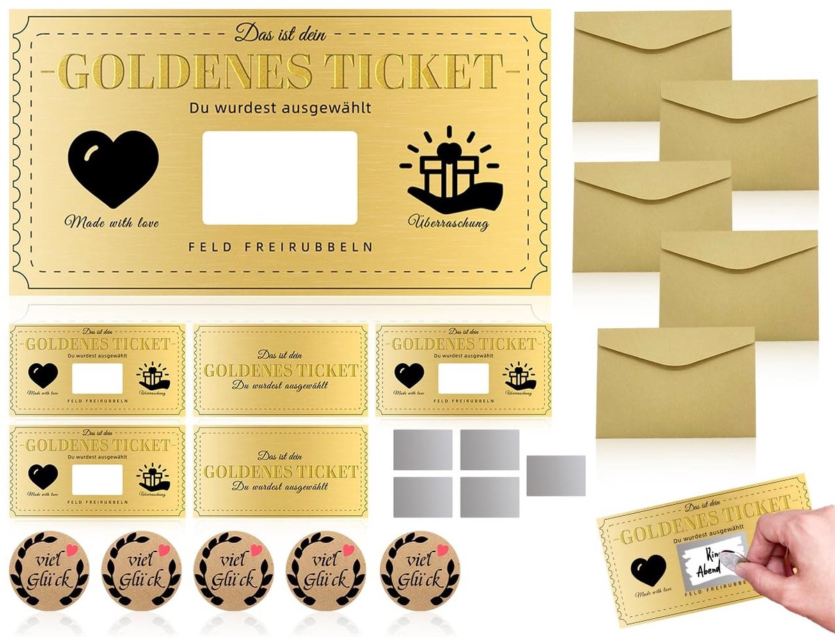 Dailygoods- Verjaardagskaart Set van 5 - Gouden Ticket - Kraft-envelop - Wrijfopzegel - Veel Geluk Sticker - Hoge Kwaliteit - Cadeaubon