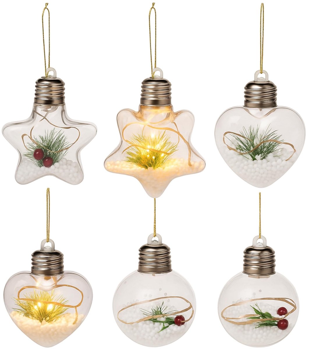 Dailygoods- Kerstboom Hangers Set van 6 - LED Verlichte Hangers - Kunststof Ster/Hart/Bal - Kerstdecoratie met Dennentak/Sneeuwbal - Ca. 8x8 cm