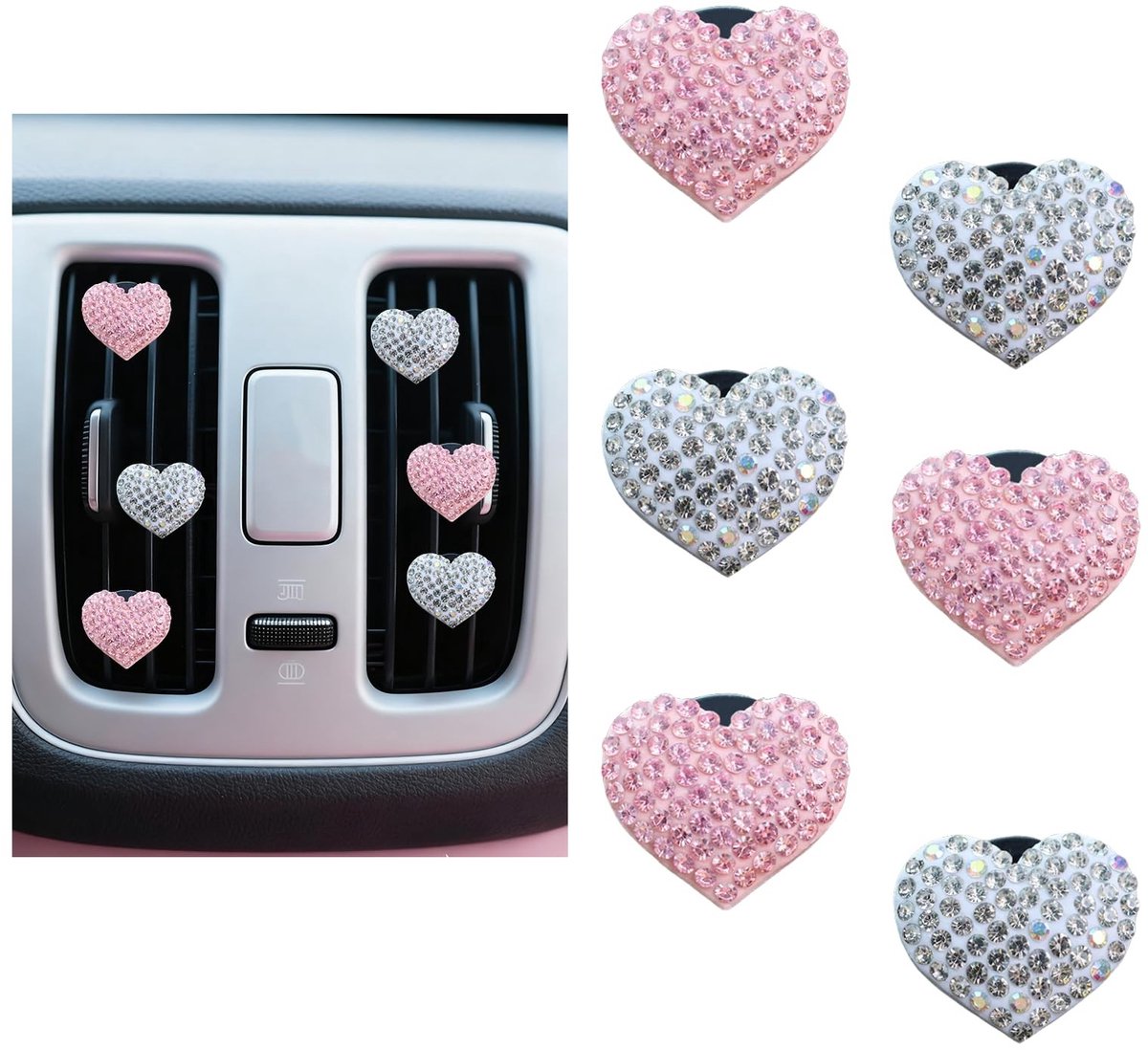 Dailygoods- Luchtverfrisserclips set van 6 - Hartvorm - Auto-geurdispenser - Interieurdecoratie - Roze - Strassdesign