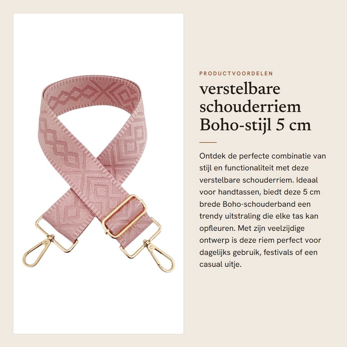 Dailygoods- Schouderriem 72-130CM verstelbaar - 5 cm breed - Boho-stijl - Vervangende Draagriem - Duurzaam Nylon - Robuuste Hardware - Tasriem