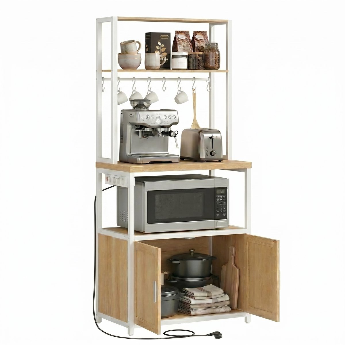 Aiverig® Keukenkast voor Magnetron – Magnetronkast & Keukenrek met Stopcontacten – Industriële Opbergkast met 2 Deuren, 8 S-Haken & 4 Verstelbare Planken – Voor Koffiemachine & Keukenapparatuur – Licht Hout & Wit – 60×40×170 CM