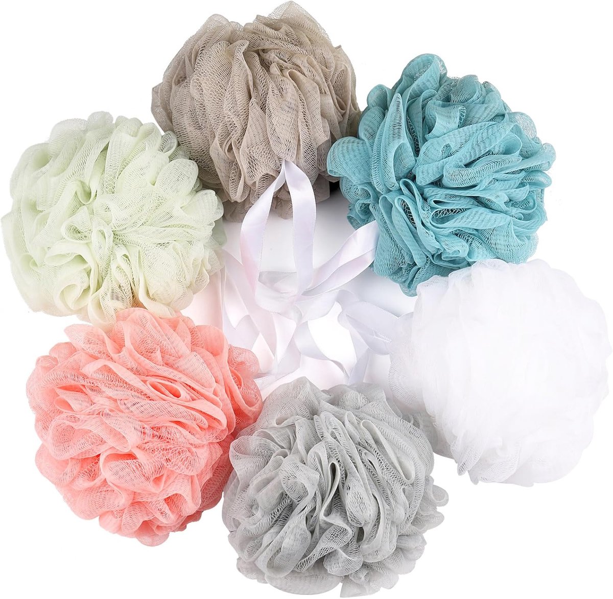Douchespons Set - Bad Spons Poef - Huid Exfoliëren - Extra Groot Formaat - 6 Stuks 75g - Verschillende Kleuren