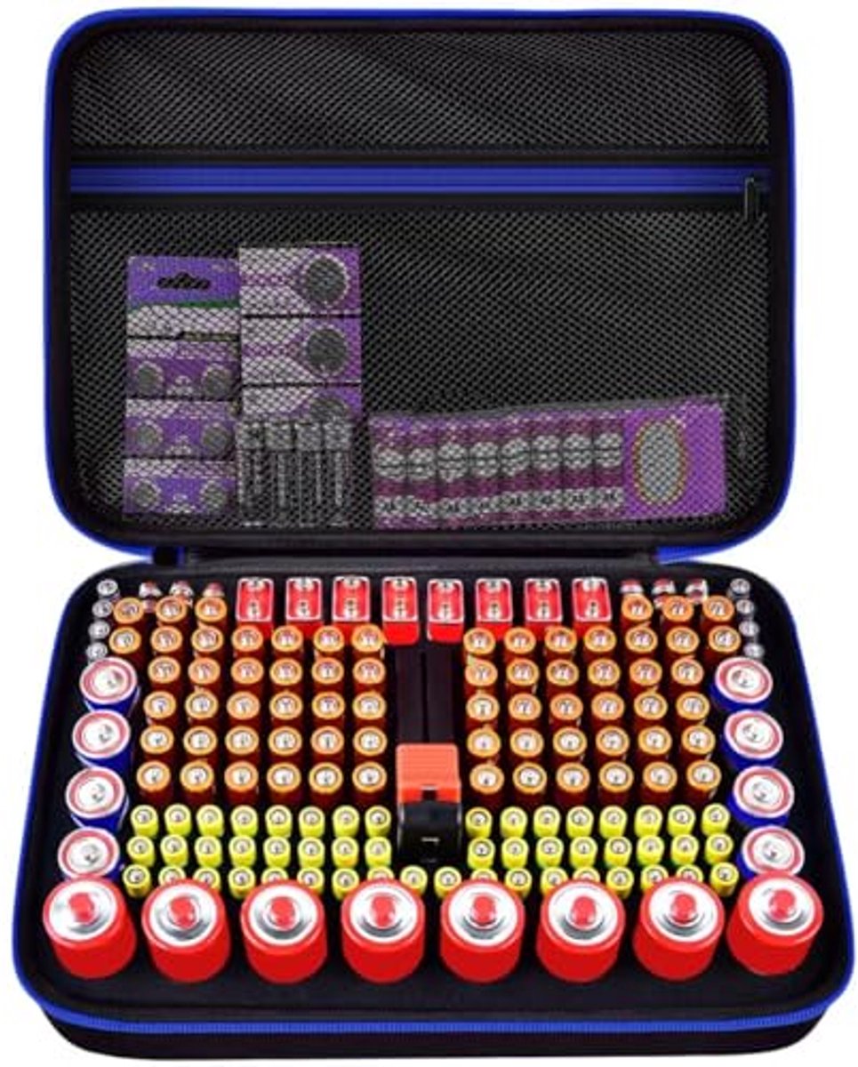 Batterij Opbergdoos - Batterijhouder Tester - Batterijen Organiseren - Grote Capaciteit - 162+ Batterijen - Blauw