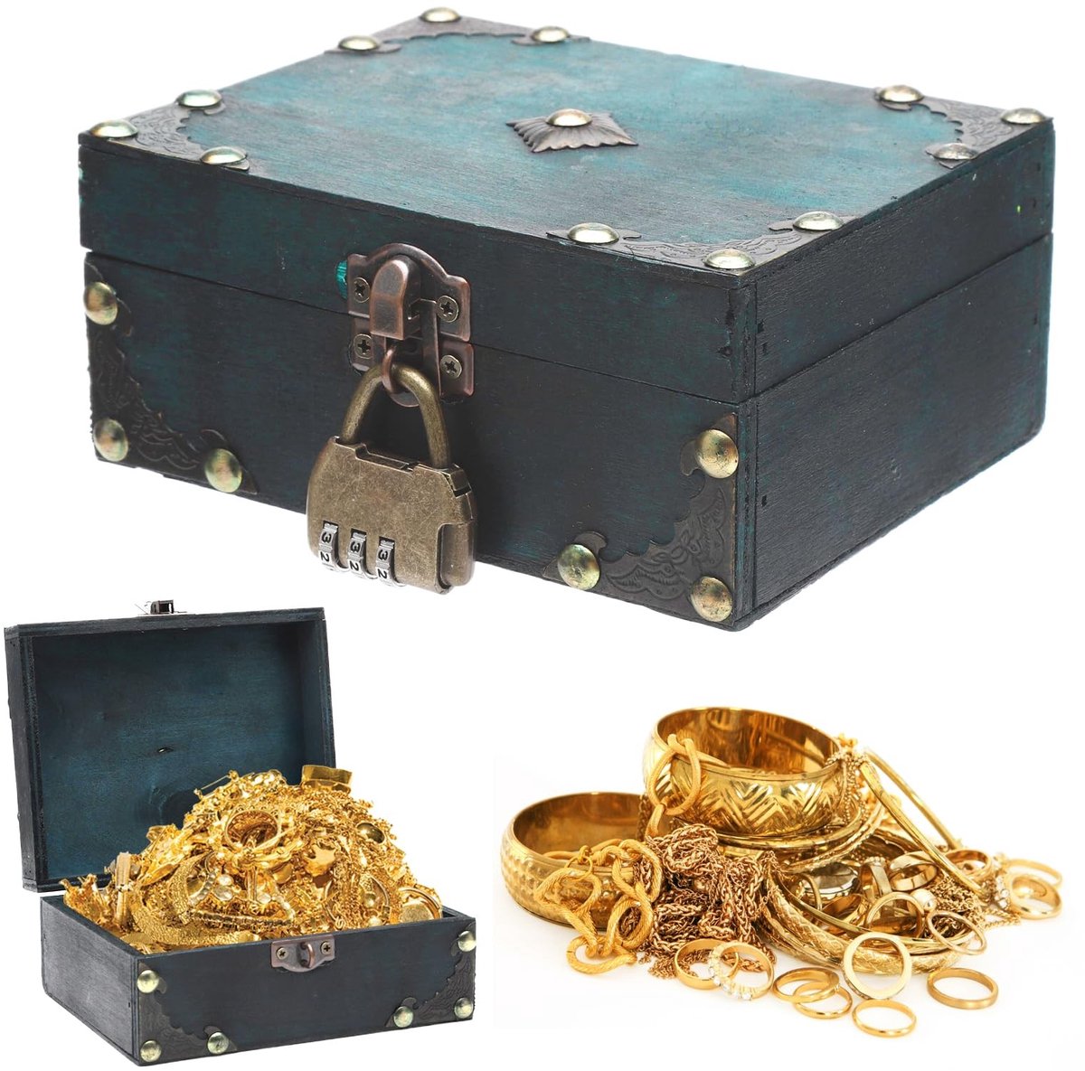 Dailygoods- Schatkist Vintage Hout met Cijferslot - Kleine Houten Kist - Decoratie - Opslag - 15 x 12 x 7 cm - Inclusief Deksel - Opbergkist