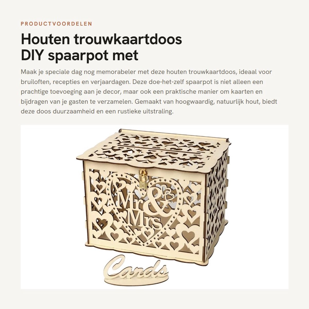 Dailygoods- Trouwkaartdoos DIY - Houten Spaarpot met Slot - Bruiloft/Verjaardag - Opvouwbaar - Gastenkaart Houder - Duurzaam Natuurlijke Hout
