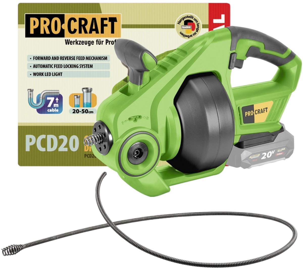 Procraft PCD20-BB accu-rioolreinigingsapparaat 20 V 7 m x 7 mm Brushless Solo - zonder accu, zonder oplader