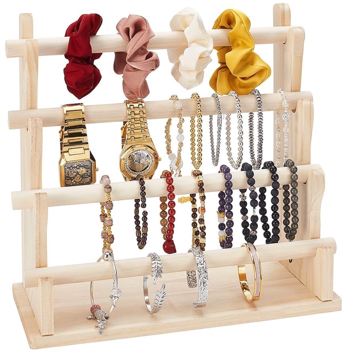 Dailygoods- Sieradenhouder Houten 4-Tier - Armband Houder - Sieraden Organizer - Display Stand - Accessoire Opslag - Afmetingen 33x14.5x32cm - Sieradenstandaard