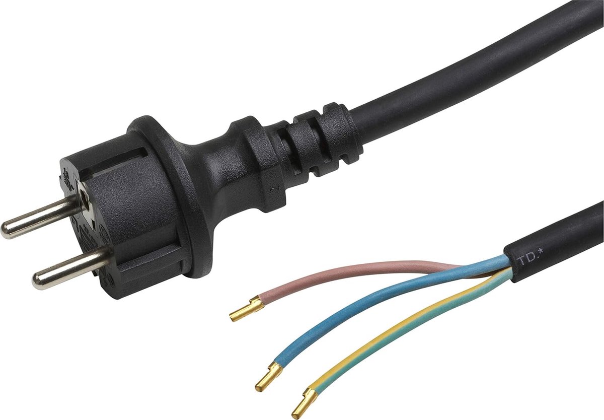 Veiligheidscontactkabel 5 meter zwart rubber slangkabel H05RR-F3G1,5-3 draden IP20 geaarde stekker