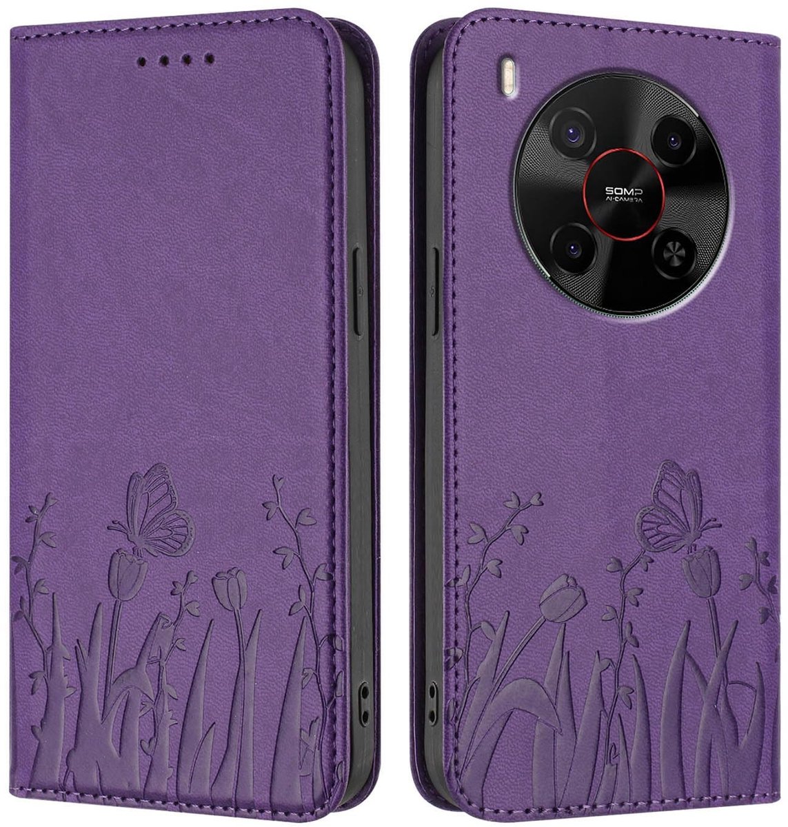 Dailygoods- Leren Hoesje Schokbestendig - ZTE Blade V70 Max - PU-leer - RFID-blokkering - Elegant Bloemen/Vlinderpatroon - Kaartvakken - Telefoonhoes