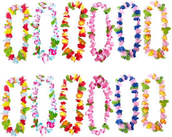 Dailygoods- Bloemenketting 12 Stuks - Hawaï Krans - Tropische Bloemenketting - Lichtgewicht - Duurzaam Polyester - Geschikt voor Feesten - Hawaïaanse Ketting