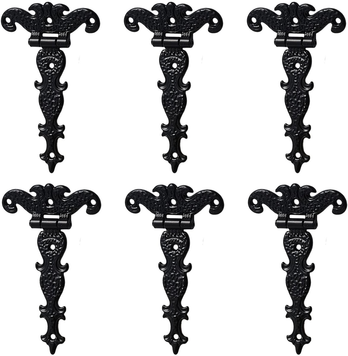 Dailygoods- T-scharnieren 6 stuks - Antieke Zwarte Scharnieren - Zinklegering - Robuust en Duurzaam - Voor Houten Kisten - Totale Grootte 112 × 69 mm - Scharnier