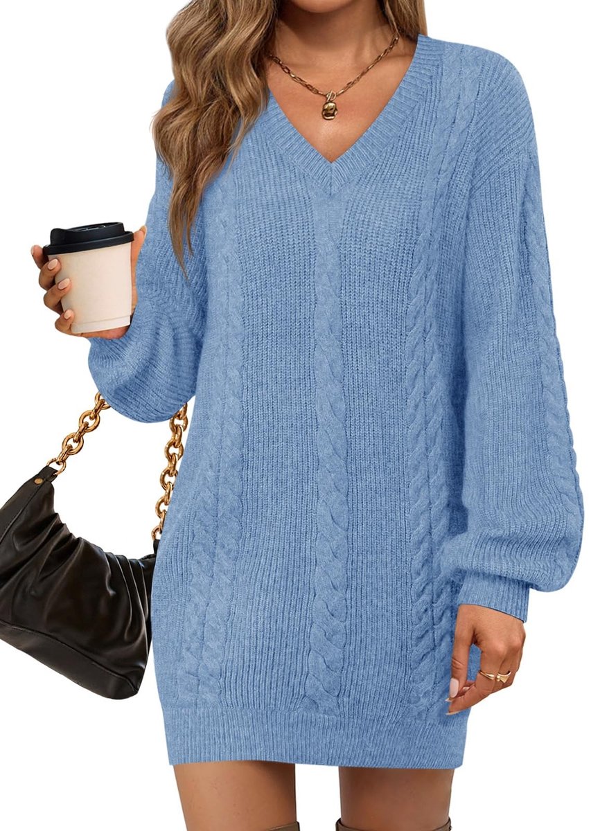 Dailygoods- Mini-jurk V-hals - Gebreide Trui-jurk - Oversized - Lantaarnmouwen - Losse Pasvorm - Zachte Stof
