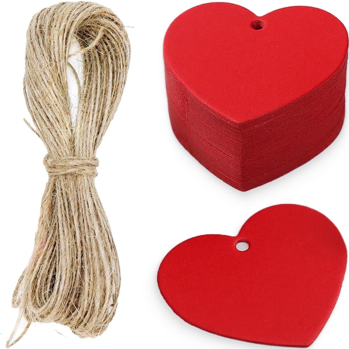 Dailygoods- Etiket Kraftpapier 100 Stuks - Cadeaulabels - Jute Koord - Hartvormig - Huwelijksgeschenken - Verjaardag/Kerstmis