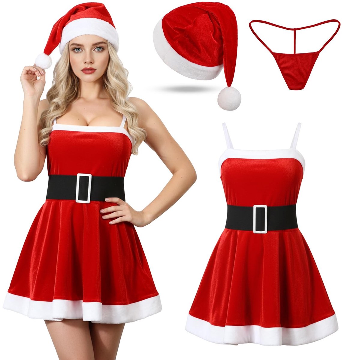 Dailygoods- Kerstkostuum Dames - Rood Fluwelen Feestjurk - Kerstvrouw Kostuum - Kerstlingerie - Romantisch Ondergoed - Perfect voor Feestdagen - Kerstjurk