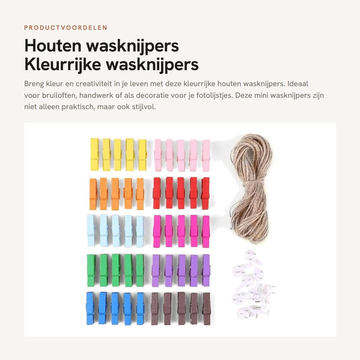 Dailygoods- Wasknijpers 50 Stuks - Houten Wasknijpers - Kleine Wasknijpers - Mini Wasknijpers - Fotoclips - Jute Koord 10m - Fotoknijpers