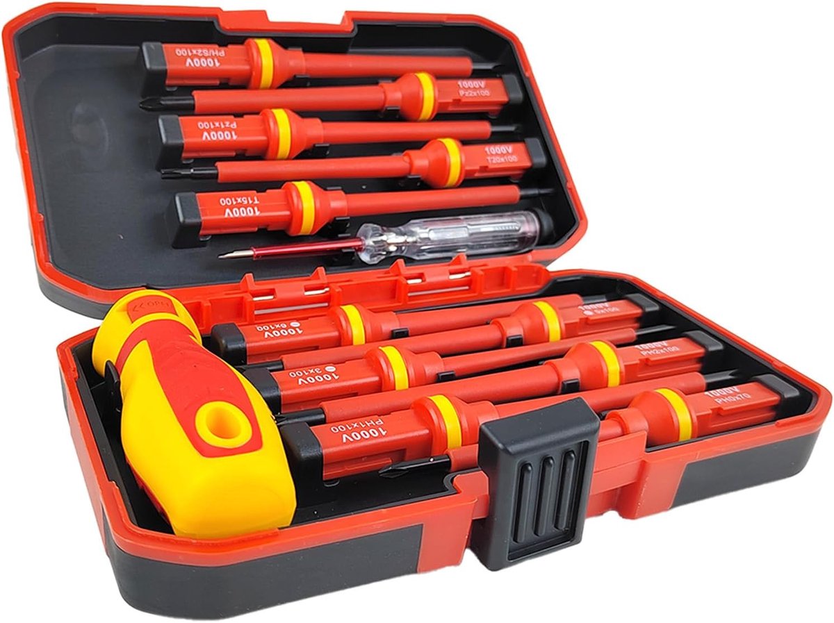 Schroevendraaierset - Gereedschapset - Elektrisch werk - VDE-geïsoleerd - 13-delig - Rood