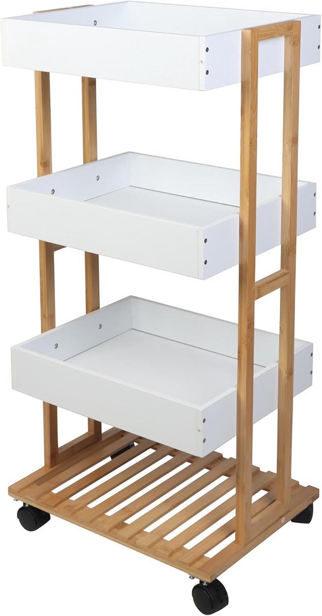 Opbergwagen Bamboe - Verrijdbaar Rek - Huis Organiseren - Vier Open Planken - 40 x 30 x 875 cm - Wit
