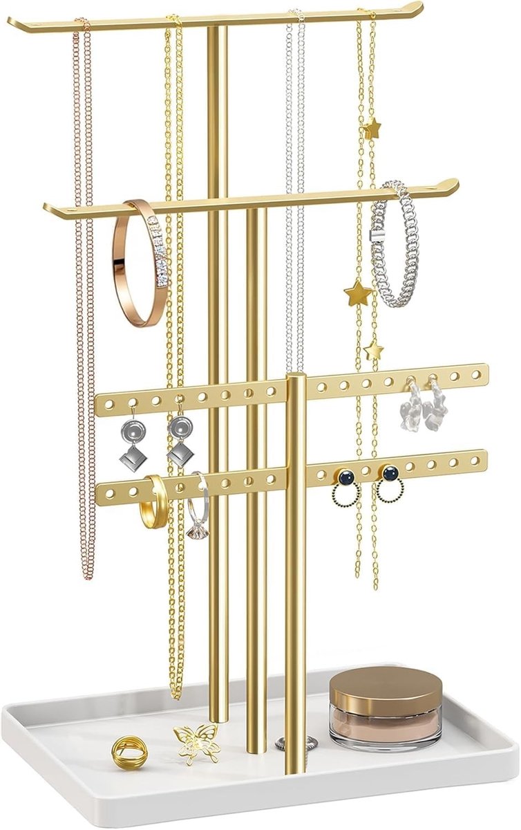 Dailygoods- Sieradenstandaard 32 cm Hoog - Sieradenhouder - Organizer voor 80 Stuks - Stabiele Houder - 3 Niveaus met 4 Stangen