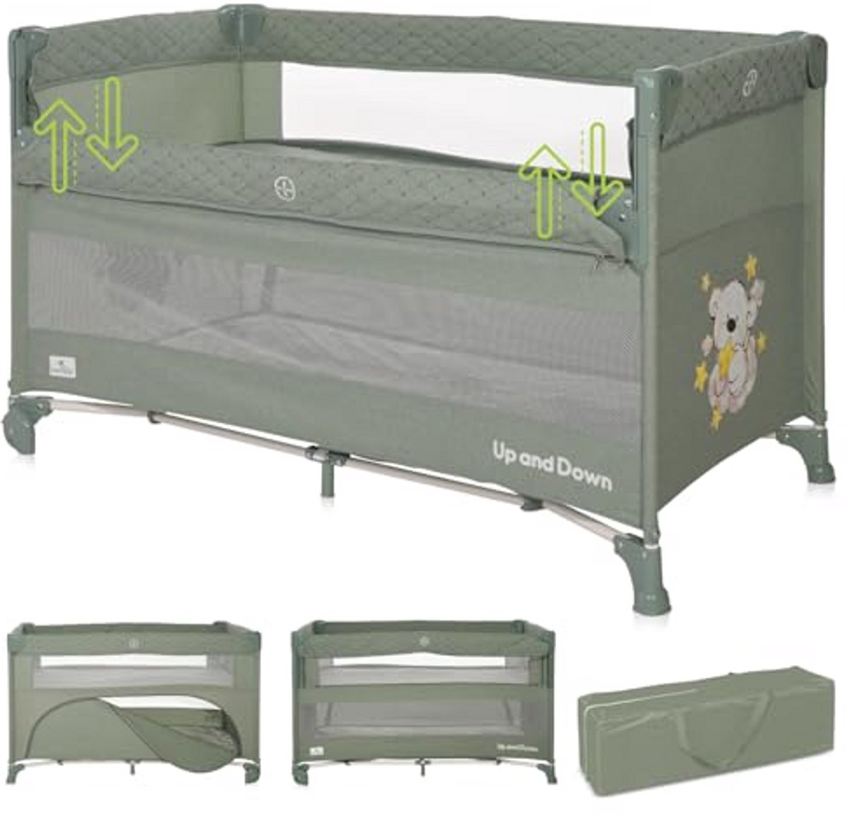 Campingbedje - Reisbedje - Baby slapen - Met bodemverhoger - 125 x 65 cm - Groen