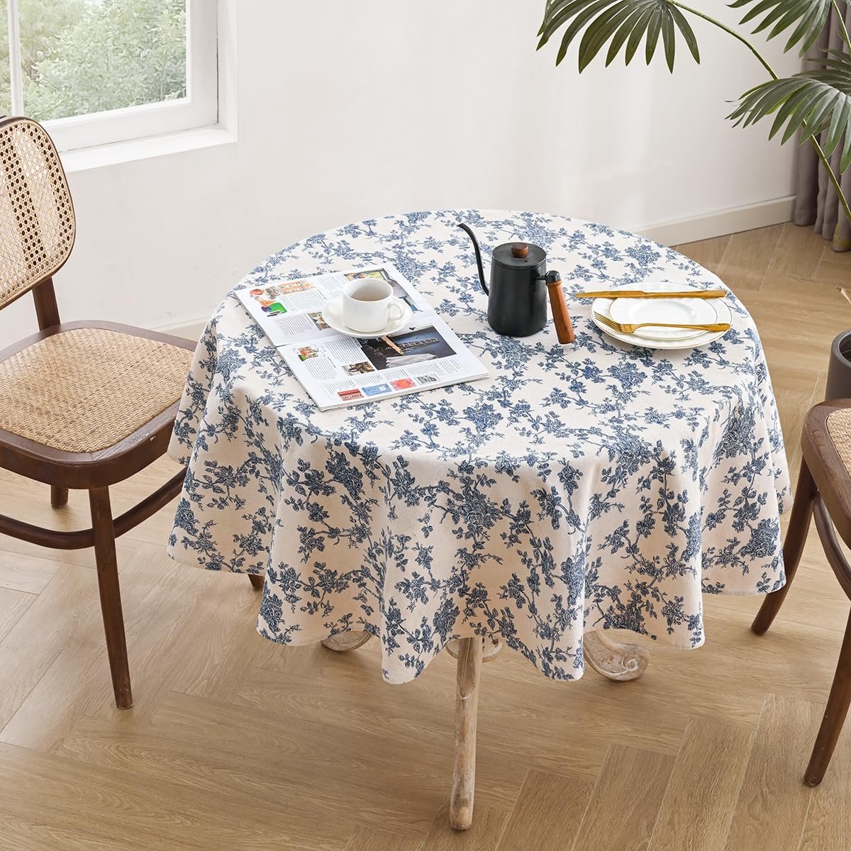 Tafelkleed met rustieke bloemenprint, rond, 140 cm, machinewasbaar, katoen/linnen, voor binnen en buiten, vintage tafelkleden voor dagelijks gebruik, blauwe bloemen, rond, 140 cm