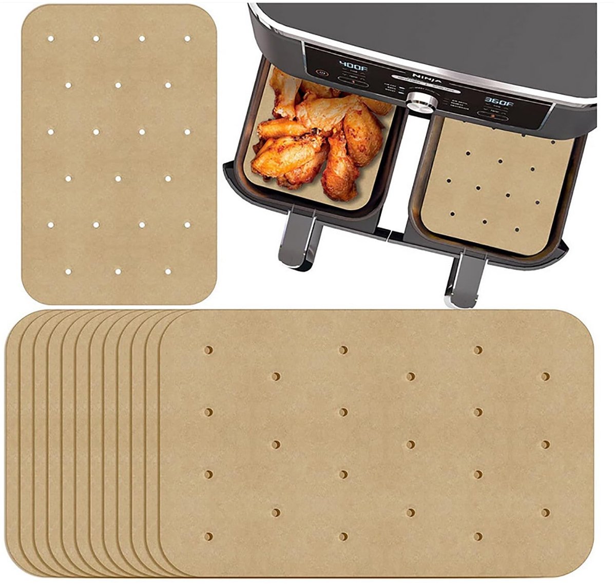 Dailygoods- Bakpapier Geperforeerd 150 Vellen - Bakpapier Airfryer - Perkamentpapier - Antiaanbaklaag - Waterdicht - Oliebestendig - 21 x 14 cm - Perforated Paper