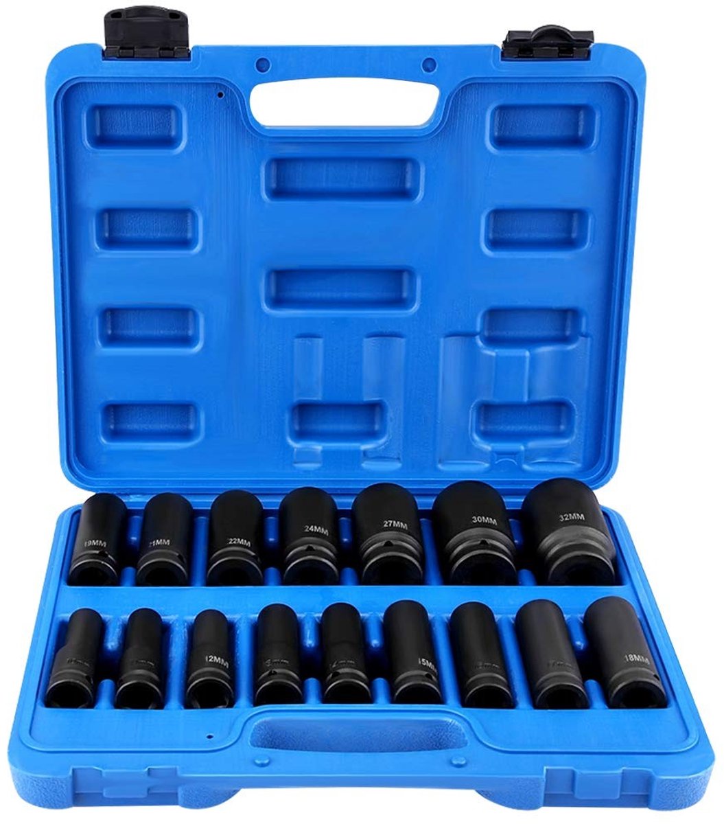 Dailygoods - 16-delige slagmoersleutelset - Impact Wrench set - Duurzaam en sterk - 1/2 inch - Zeskantige doppen - Geschikt voor professioneel gebruik...