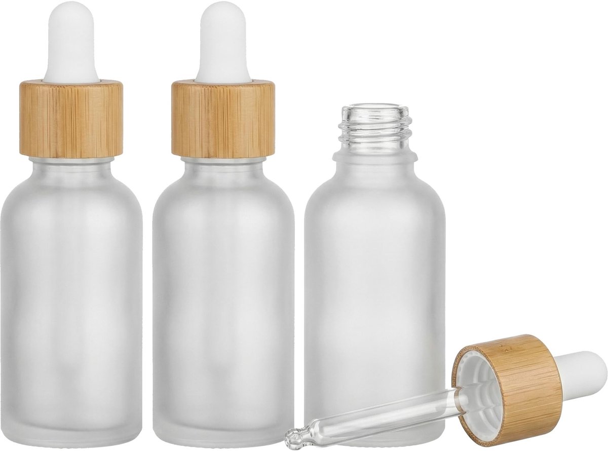 Dailygoods- Druppelfles 30ml - Druppelflesje met Pipet - Set van 3 - Glazen Fles - Bamboo Deksel - Perfect voor Essentiële Olie - Olieflacon