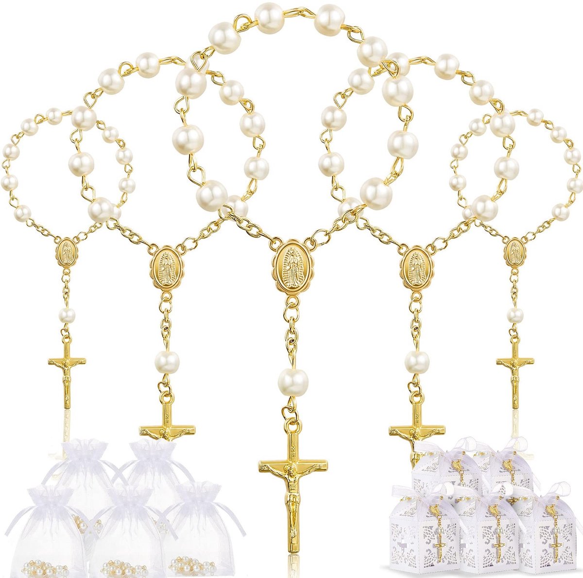 Dailygoods- Doopgunsten 50 stuks - Rozenkrans met acryl kralen - Faux parels - Organza zakken - Geschenkdozen met kruis - Elegante combinatie - Doopcadeaus