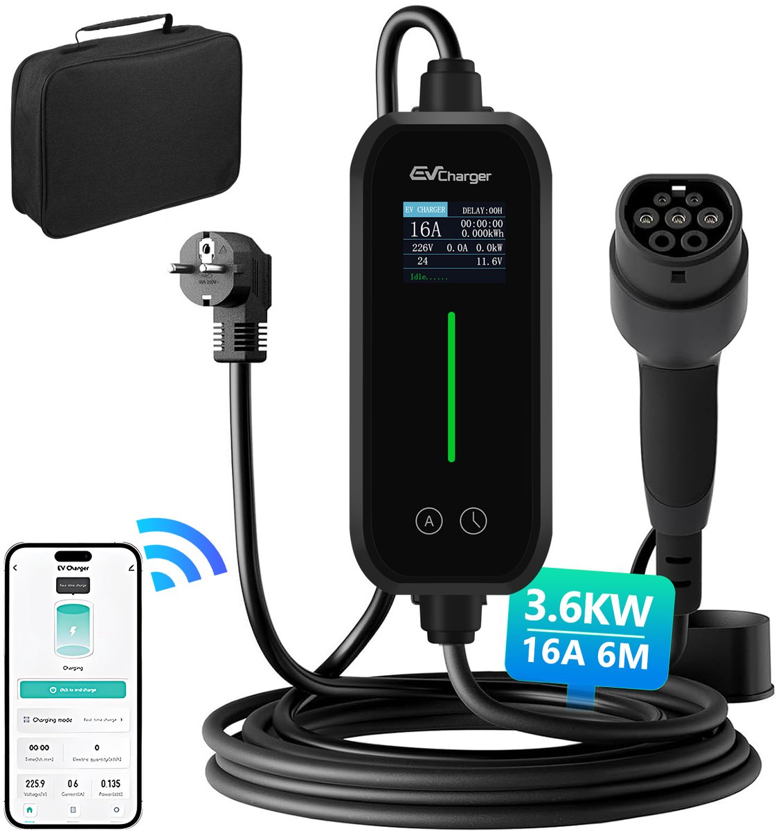Hexinex Mobiele Thuislader - type 2 vanaf stopcontact - 6 meter - 3,6 kW - IP67 Waterdicht - 6A/8A/10A/13A/16A - 1 Fase - TPU kabel - Uitgesteld laden functie / Timer functie / Memory functie | Mobiele lader type 2 naar schuko