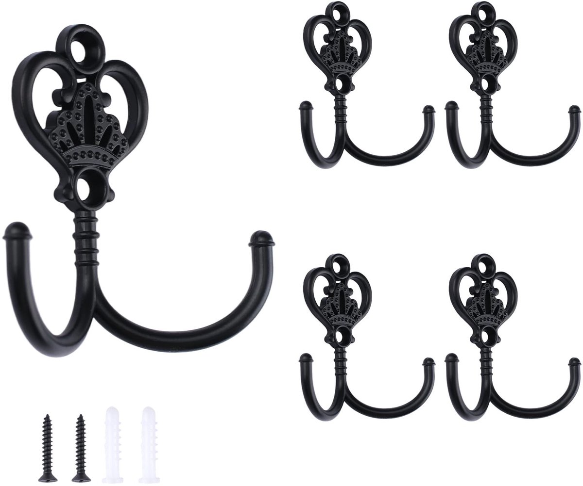 Dailygoods- Wandhaken Zwart - 5 Stuks Dubbele Haak - Decoratieve Kroonhaken - Zinklegering - Vintage Ontwerp - Sterk en Duurzaam - Haakjes