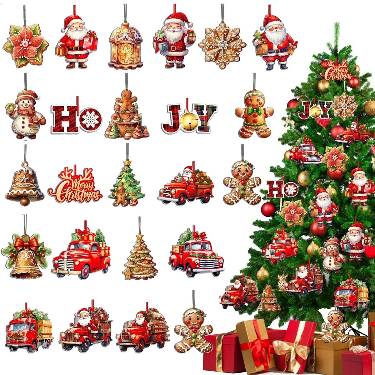 Dailygoods - 24 Stuks Houten Kerstboomdecoraties met Schattige Motieven