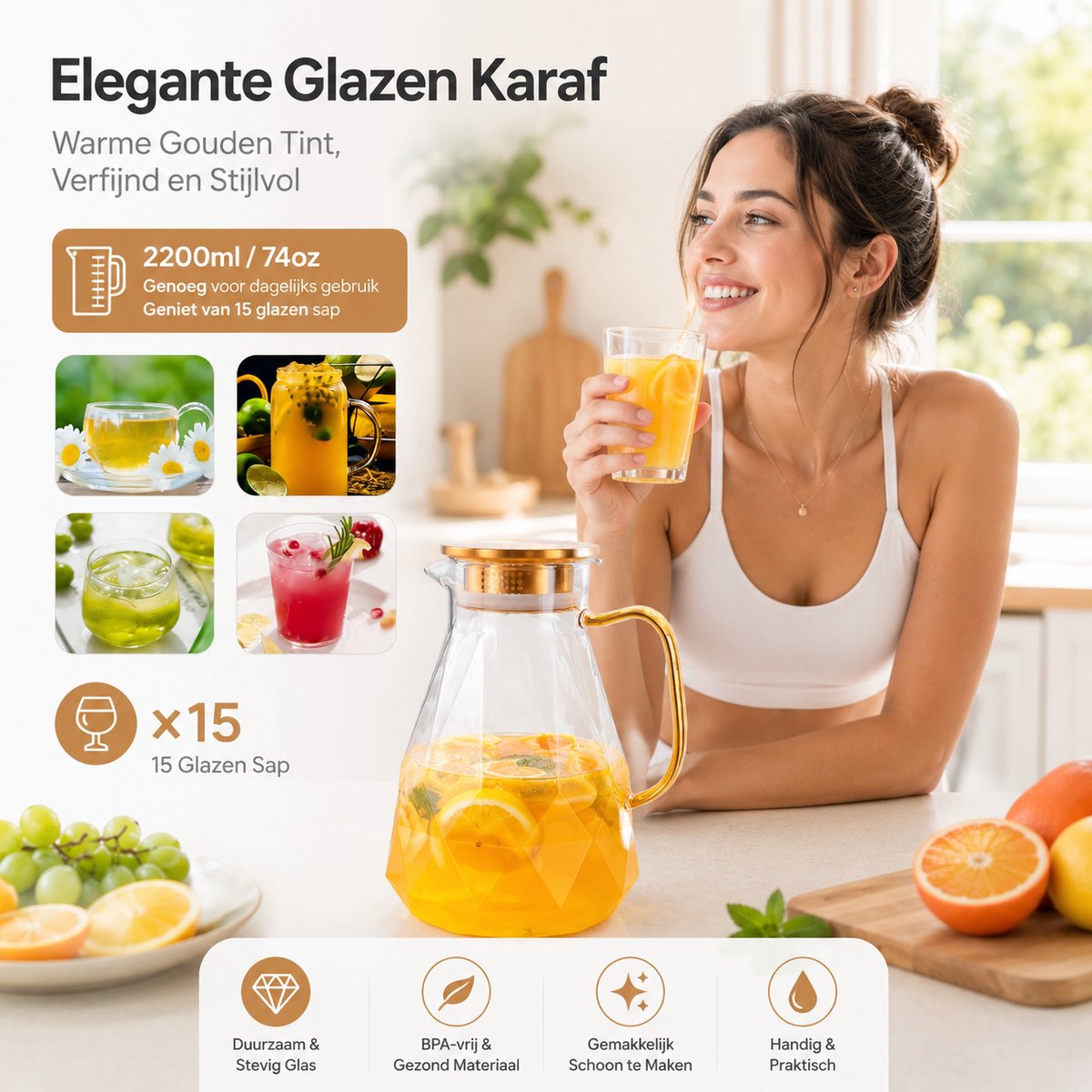 BOTC Karaf van glas - Waterkan met deksel - 2,2 L - Ijstheekan met borstel - Hittebestendige Borosilicaatkan — cadeau in Koken & Dineren - foto 6