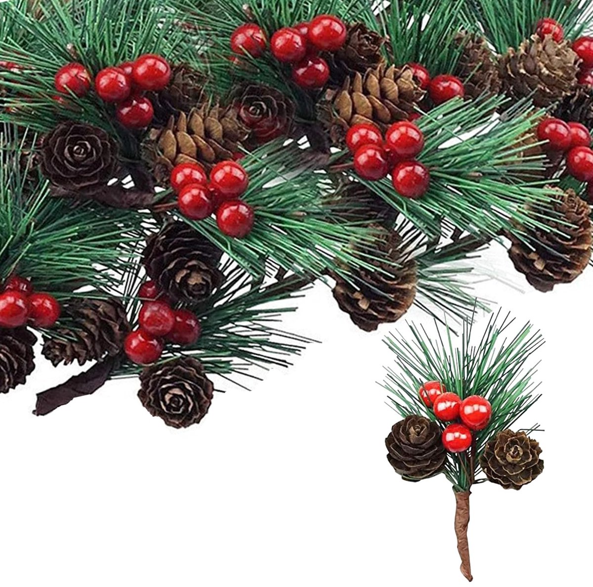 Dailygoods- Kunstdennentakken 20 stuks - Kunststof - Rode Bessen/Dennenappels - Kerstdecoratie - Adventskrans - Bloemstukken - Eenvoudig te installeren - Kersttakken