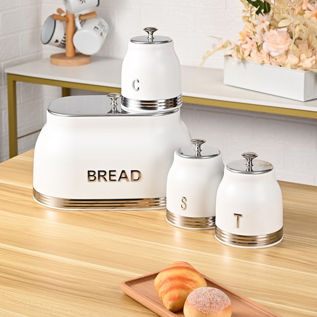 Vintage Broodtrommel Set met Voorraadbussen – Broodtrommel + Koffie, Suiker & Thee Bewaarbussen – Wit