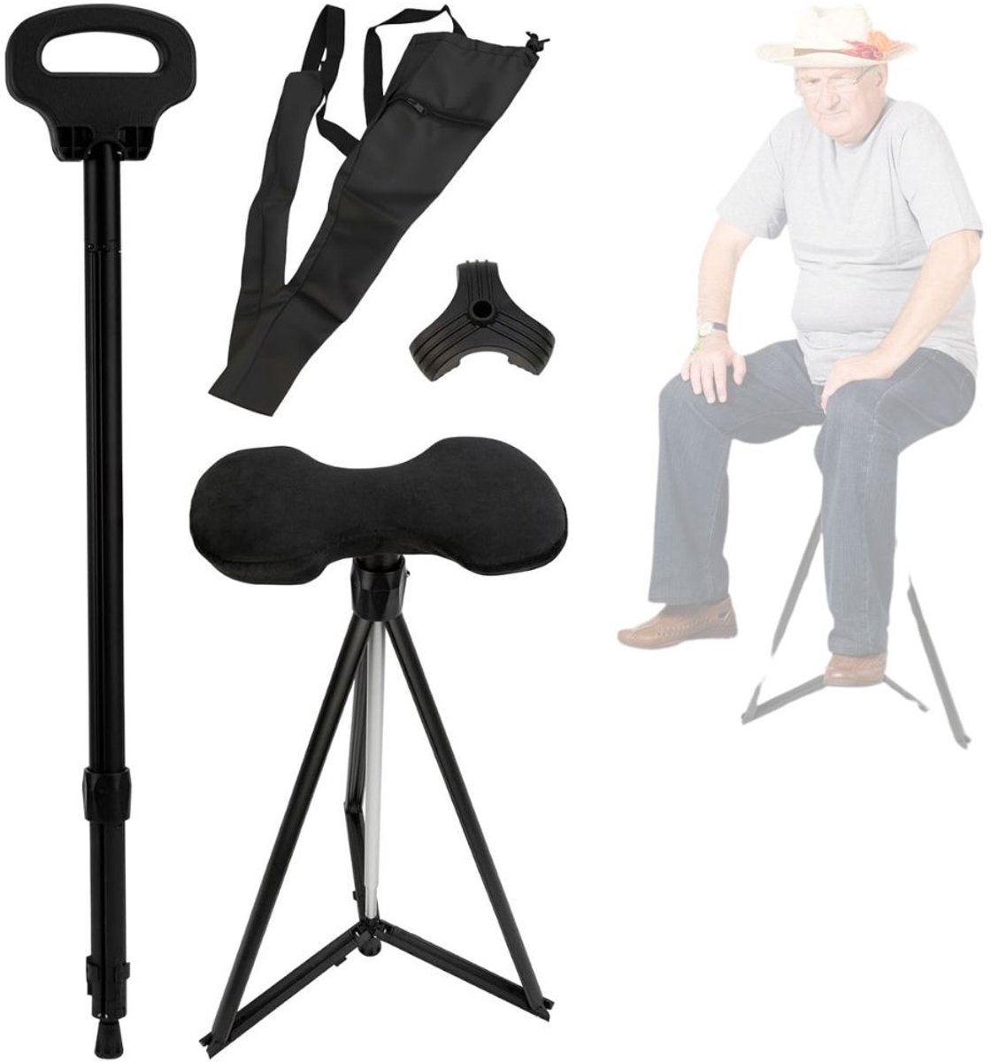 CLVP® Wandelstok met Zitje - Zitwandelstok - Zwart
