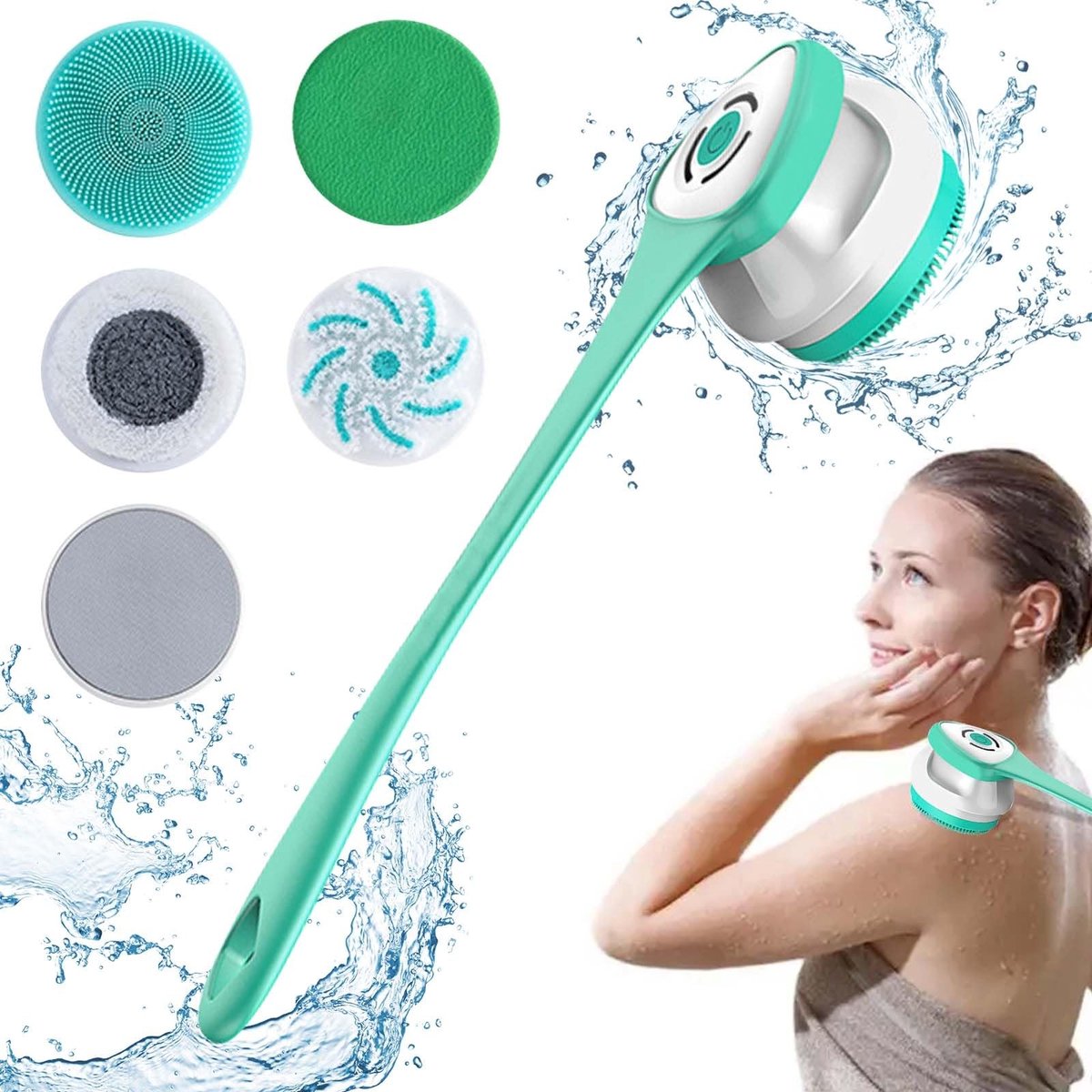 Dailygoods - Elektrische lichaamsborstel - Badborstel met opzetstukken - IP67 waterdicht - 3 snelheden - Massageborstel voor huidverzorging - Geschikt...