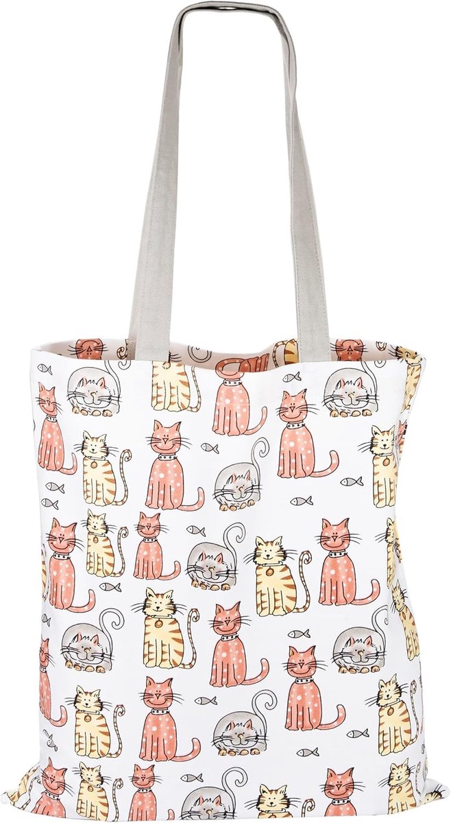 Draagtas Katoen - Schoudertas Canvas - Boodschappen Doen - Met Lange Handvatten - 38 x 42 cm - Met Kattenprint