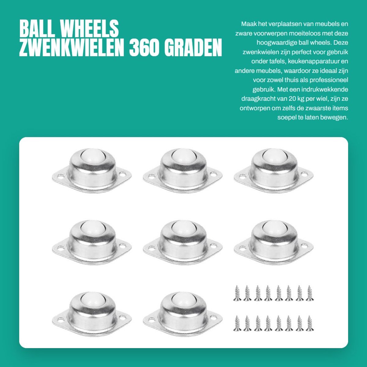 Dailygoods- Meubelwielen 8 Stuks - Zwenkwielen 360 Graden - Zware Belastbaarheid 20 kg - Nylon - Inclusief Schroeven - Geluidsarm - Caster Wheels