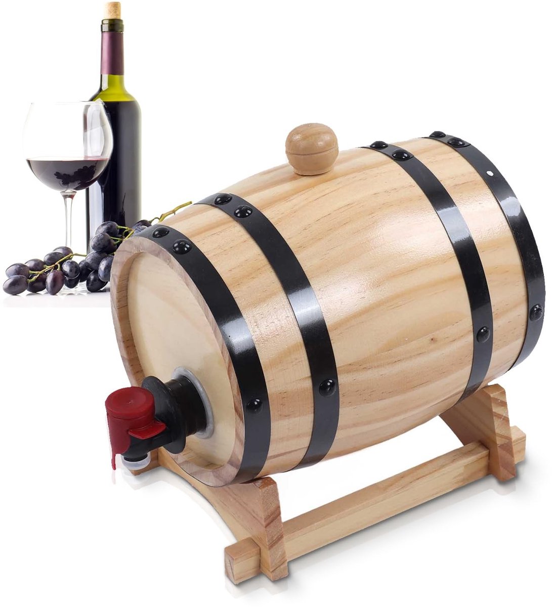 Dailygoods- Wijnvat 5L - Houten Wijnvat - Dennen Vaten - Roestvrij Staal - Beugelmontageset - Lekvrije Opslag - Wijnemmer