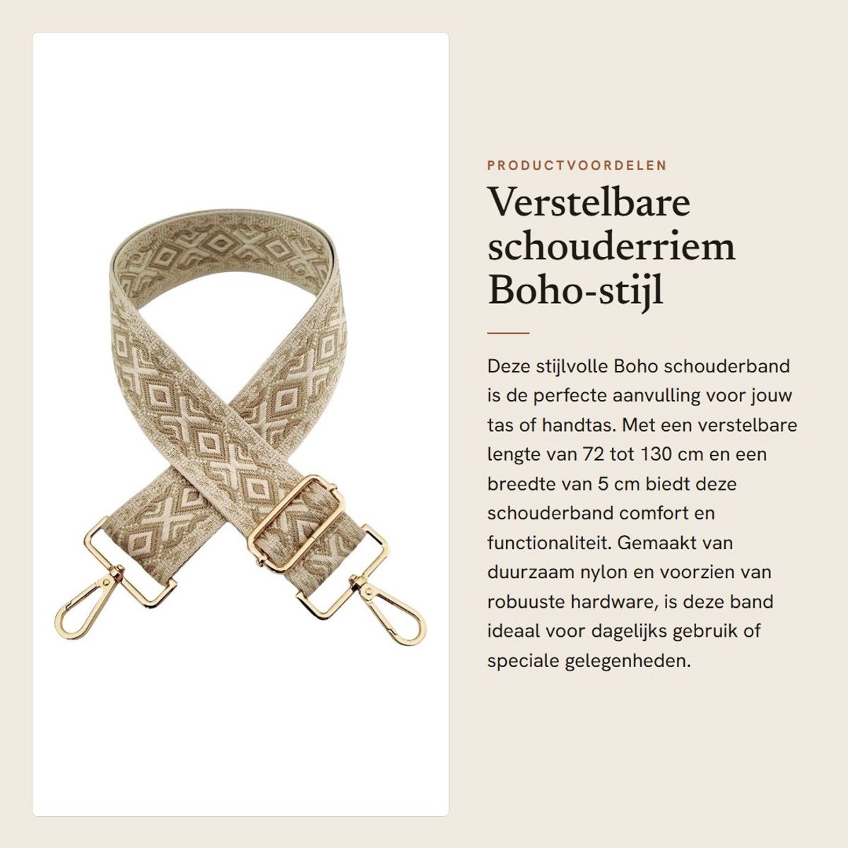 Dailygoods- Schouderriem Verstelbaar 72-130 cm - Tasriem Boho-Stijl - Schouderband voor Tas - Karabijnhaak - Duurzaam Nylon - Robuuste Hardware