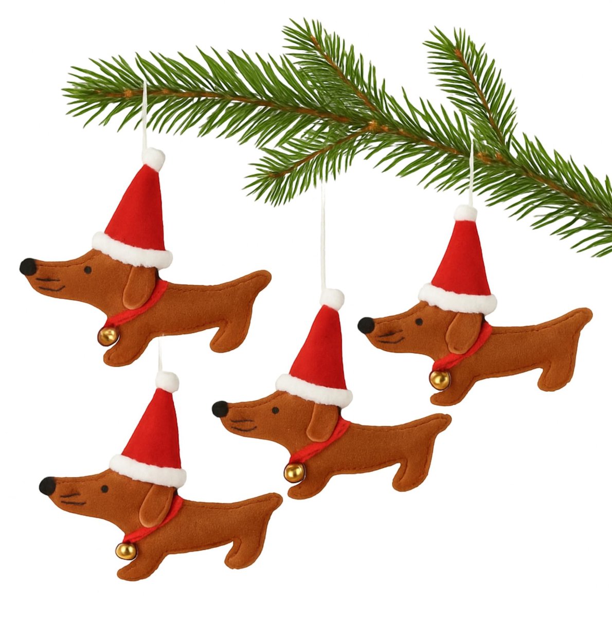 Dailygoods- Kerstboomhangers Set van 4 - Teckel met Kerstmuts - Handgemaakte Versiering - Decoratieve Hanger - 14 cm - Zacht Polyestervilt - Kerstdecoratie